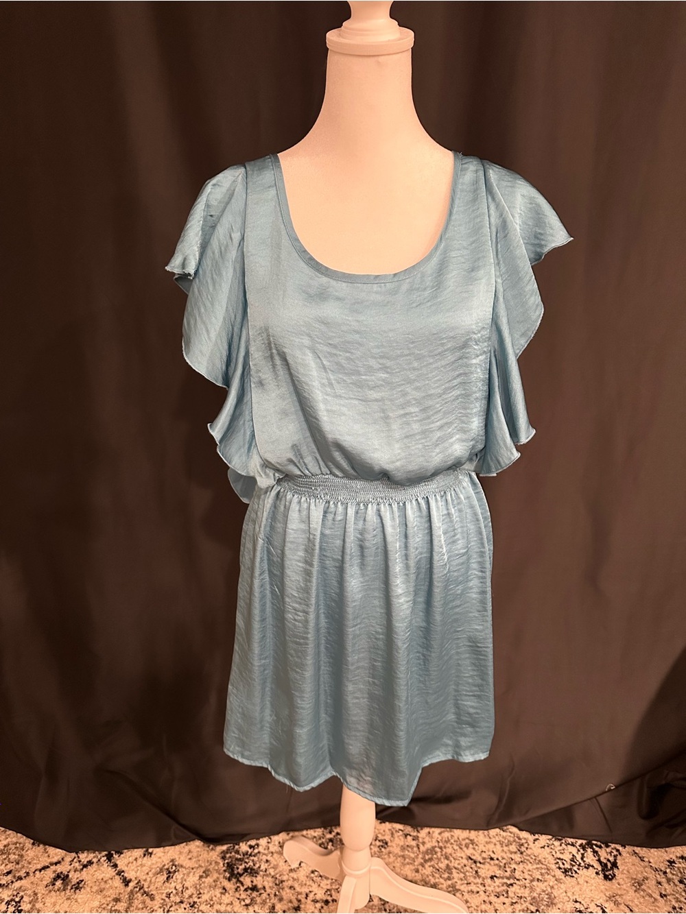 Eyeshadow Light Blue Satin Scoop Neck Mini Dress with Flutter Sleeves